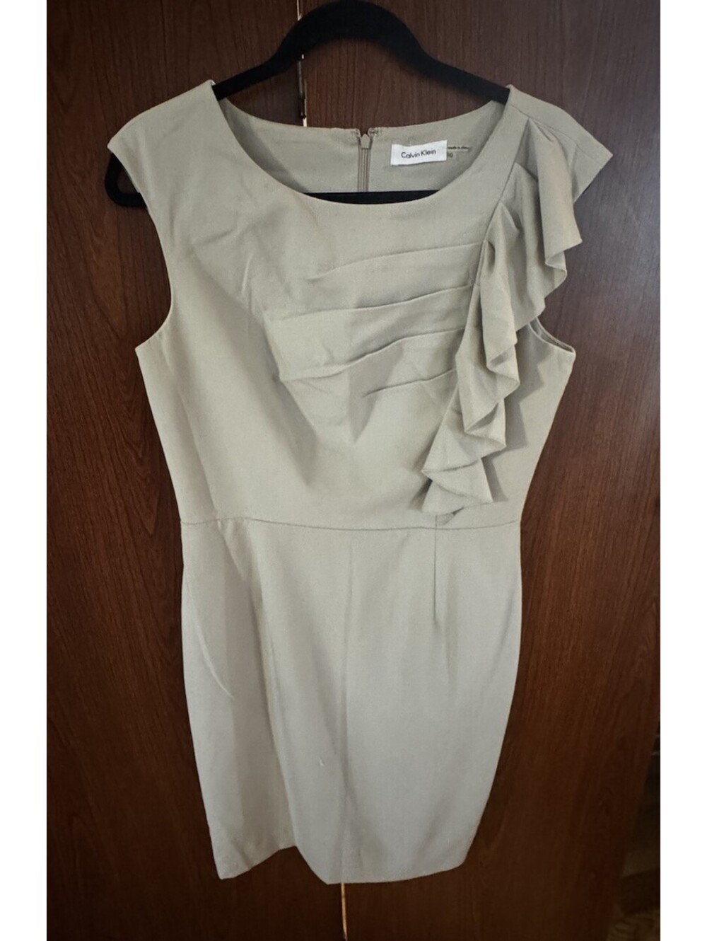 Calvin Klein Womens 10 Taupe Ruffle Sheath Dress Pleated Career Cocktail